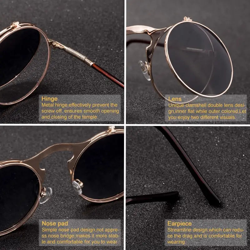Óculos de Sol Redondo com Flip 2 Lentes - Vintage Steampunk Retro Metal Unissex
