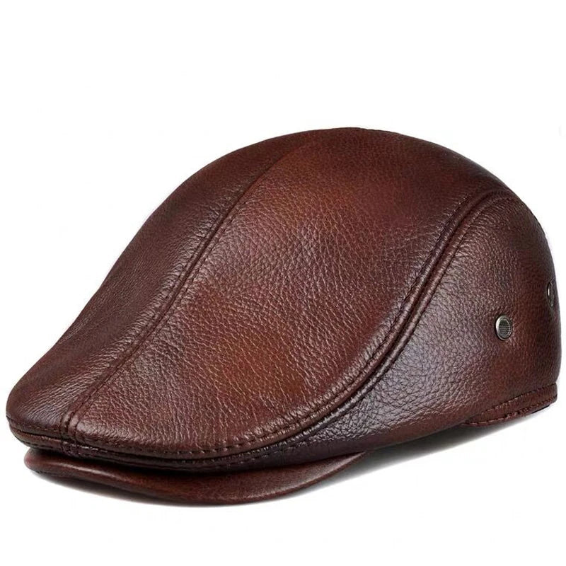 Chapéu de couro masculino estilo boina boné 100% couro genuíno