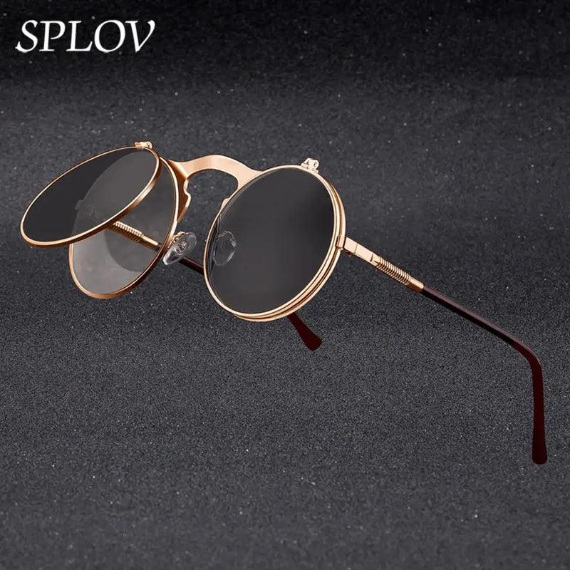 Óculos de Sol Redondo com Flip 2 Lentes - Vintage Steampunk Retro Metal Unissex