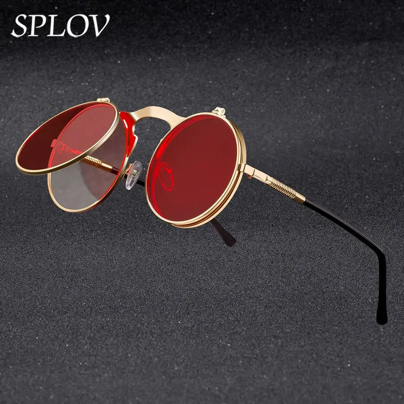 Óculos de Sol Redondo com Flip 2 Lentes - Vintage Steampunk Retro Metal Unissex