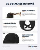 Detalhes do boné: abertura pro rabo de cavalo, tiras cruzadas e furinhos nas laterais