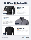Detalhes da camisa: tecido que estica, colarinho e corte slim