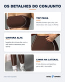 Detalhes do conjunto em fotos reais: top faixa, cintura alta e viés branco na lateral