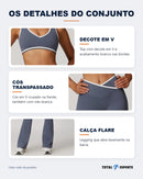 Detalhes do conjunto em fotos reais: decote em V, cós transpassado e calça flare