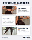 Detalhes da legging: cintura alta, friso branco e tecido stretch