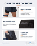 Detalhes do short: duas camadas, bolso traseiro com zíper e bolso lateral para celular
