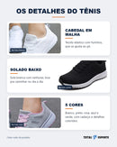 Detalhes do tênis: cabedal em malha, solado baixo e 5 cores