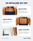 Detalhes do top em fotos reais: decote reto, costas retas e corpo ajustado
