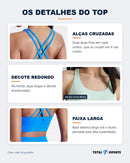 Detalhes do top em fotos reais: alças cruzadas nas costas, decote redondo e faixa larga sob o busto