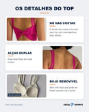 Detalhes do top em fotos reais: nó nas costas, alças duplas e bojo removível