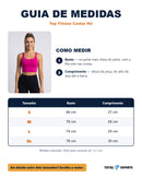 Guia de medidas do top: tamanhos S ao XL com busto e comprimento