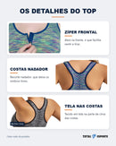 Detalhes do top em fotos reais: zíper frontal, costas nadador e tela nas costas